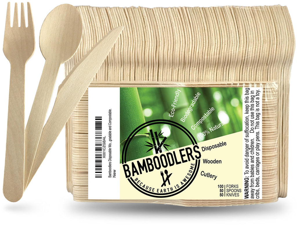 Bamboodlers Disposable Wooden Cutlery; Eco-Friendly and BPA-Free Alternative to Disposable Plastic Utensils. 100% All-Natural, Biodegradable, Compostable, and Renewable. Bamboodlers - because Earth is awesome!