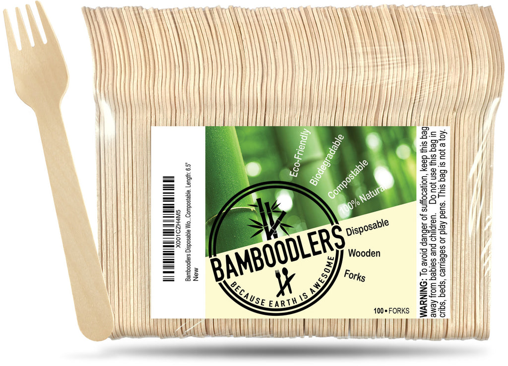 Bamboodlers Disposable Wooden Forks; Eco-Friendly and BPA-Free Alternative to Disposable Plastic Forks. 100% All-Natural, Biodegradable, Compostable, and Renewable. Bamboodlers - because Earth is awesome!