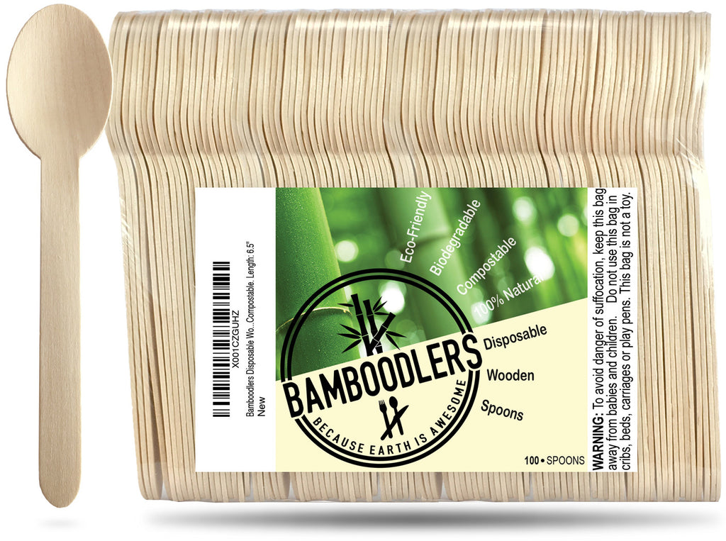 Bamboodlers Disposable Wooden Spoons; Eco-Friendly and BPA-Free Alternative to Disposable Plastic Spoons. 100% All-Natural, Biodegradable, Compostable, and Renewable. Bamboodlers - because Earth is awesome!